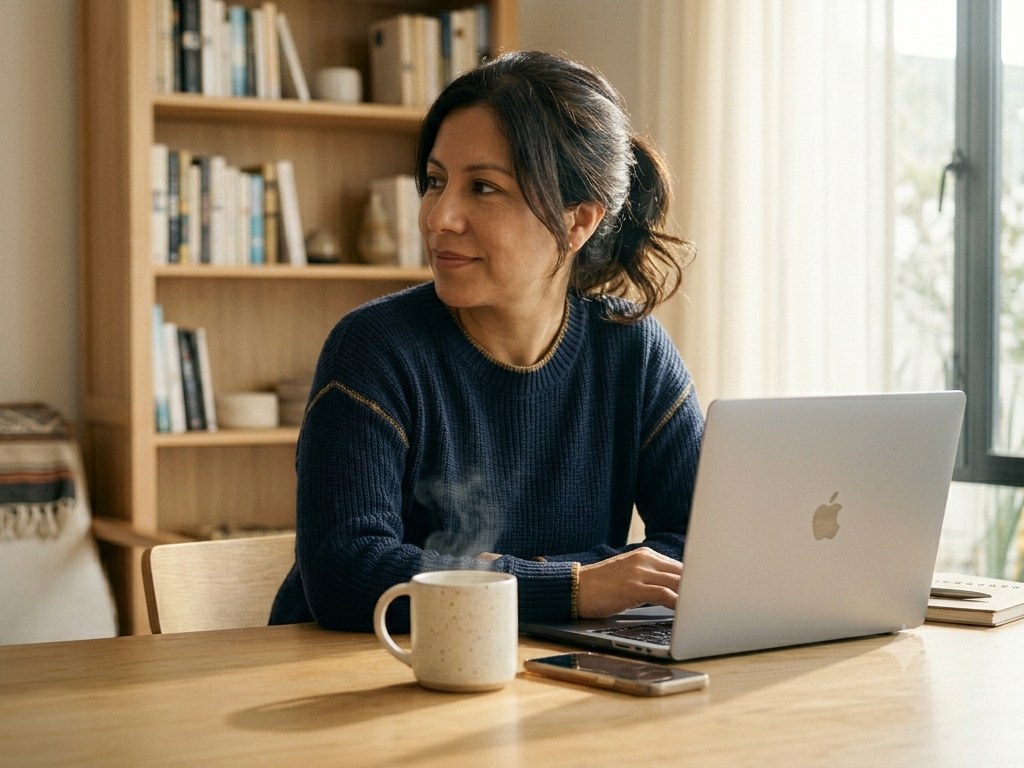 Mujer peruana resolviendo un trámite legal desde su laptop, en casa en el extranjero