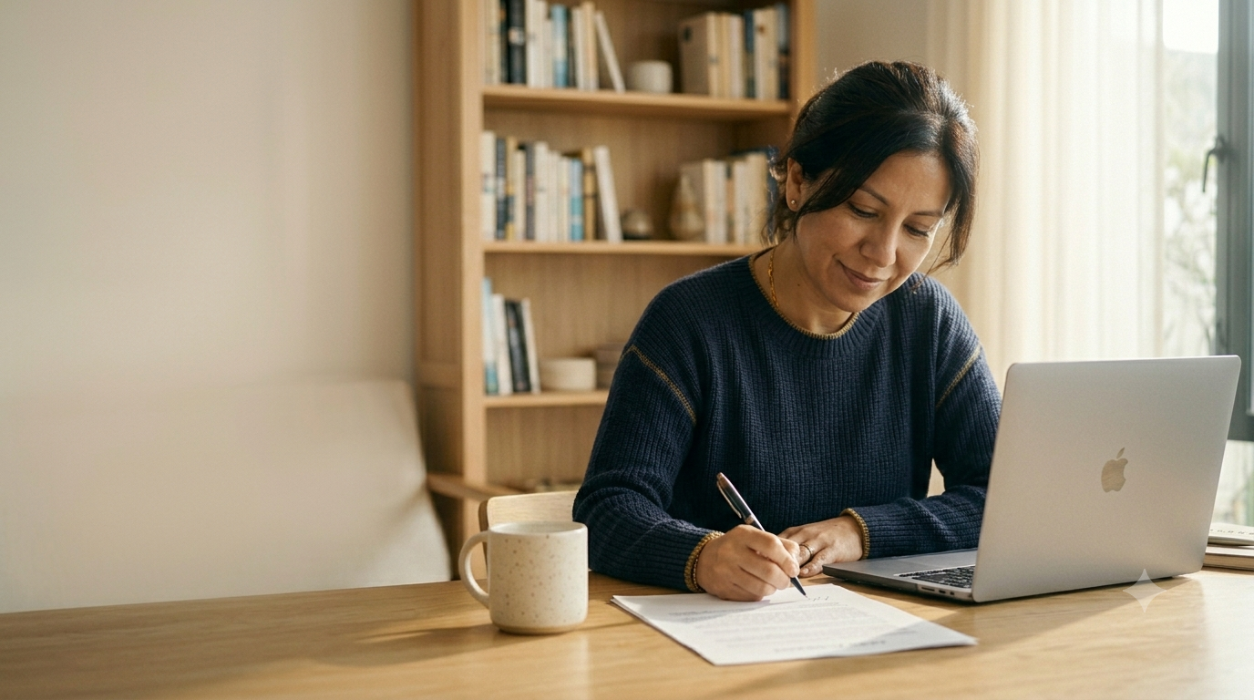 Mujer peruana firmando su poder consular desde su laptop, en casa en el extranjero